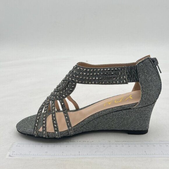YDN Grey Wedge Glitter Open Toe Rhinestones Cross Over Straps Mid Heels Sandals - Picture 2 of 8